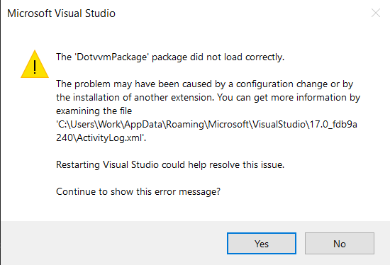DotVVM for Visual Studio could not been loaded warning